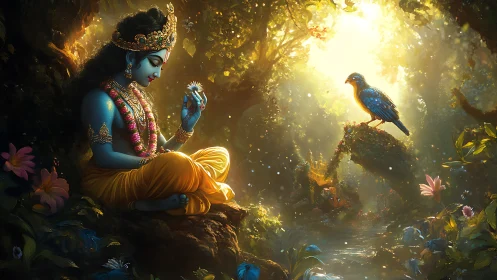 Blue-skinned figure sits in glowing forest clearing with bird