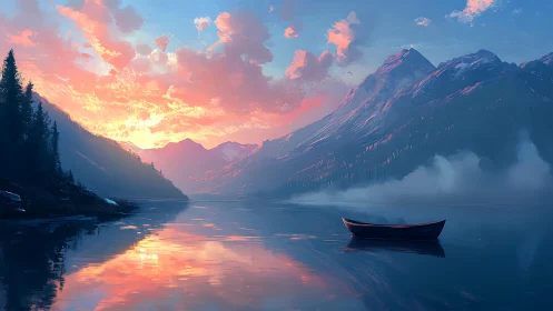 Sunrise alpine lake with rowboat and misted glacier peaks