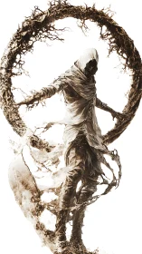 Shrouded wraith ascending through eroded arboreal ring.