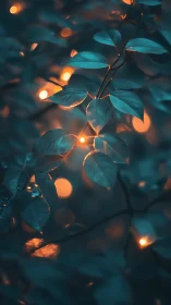 Dusky teal foliage lit by soft amber bokeh orbs.