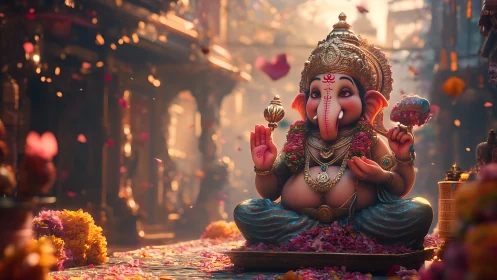 Ganesha idol sits on flower covered street in warm light