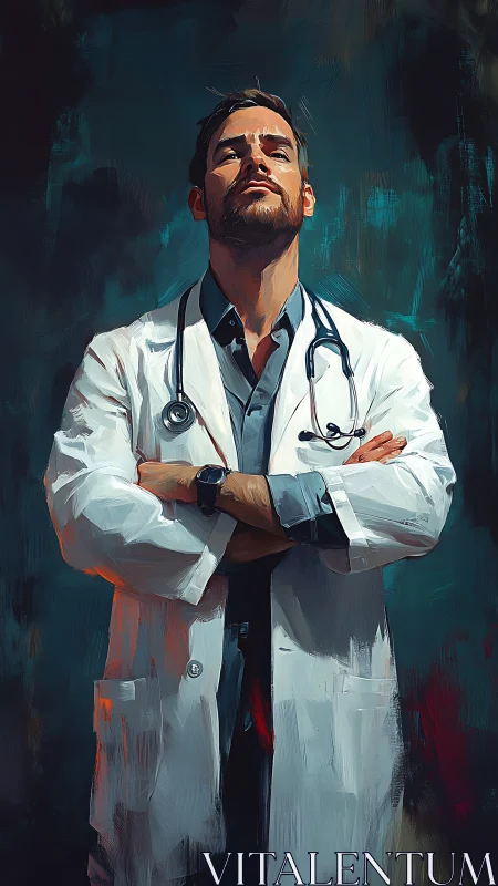 Male doctor stands with crossed arms in painterly portrait