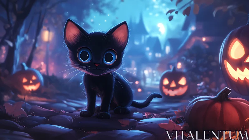 Black cat with glowing eyes in Halloween scene.