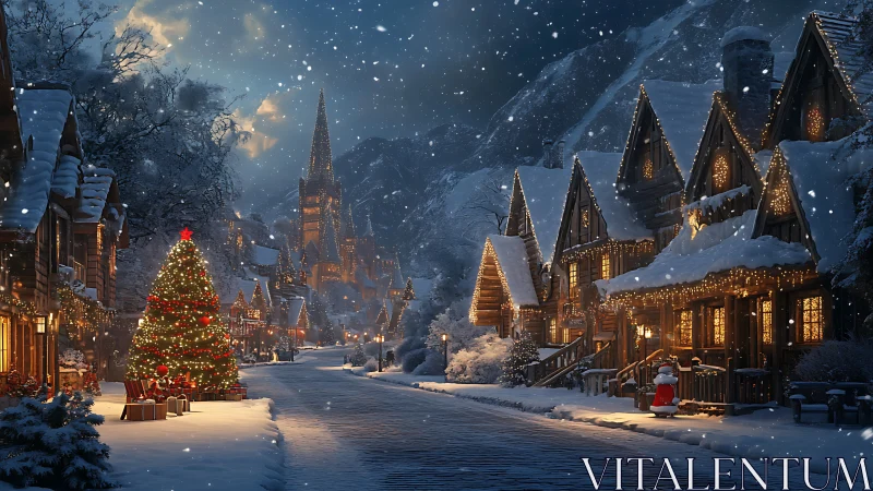 Snowy Christmas village street glows under soft night sky