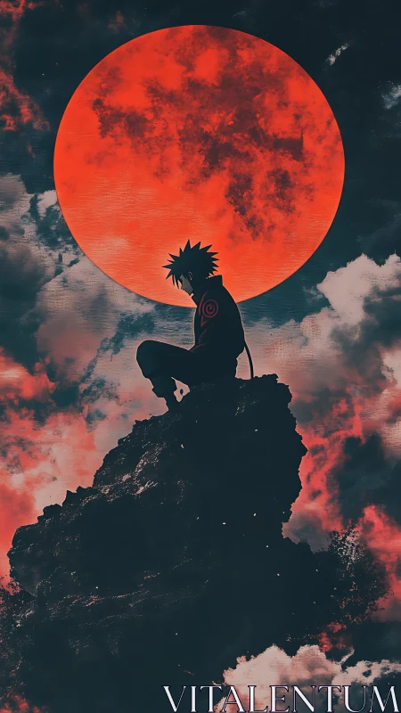 Solitary anime hero rests beneath a vast blood red moon