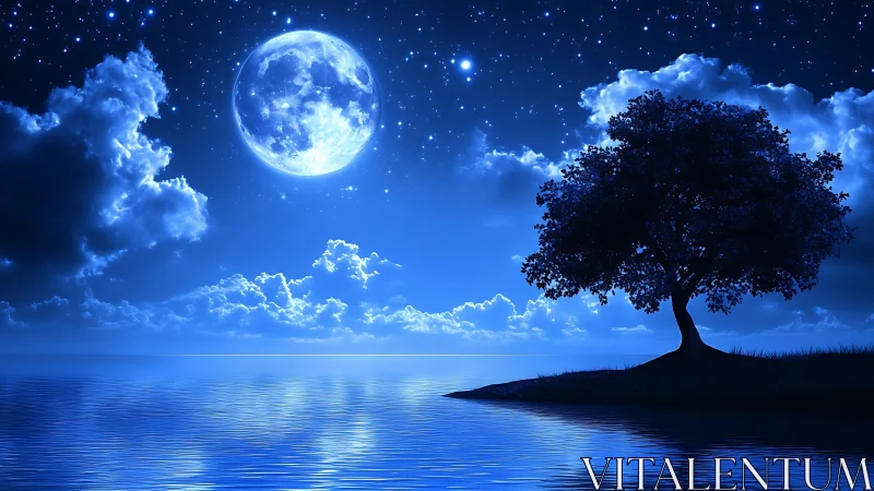 Luminous full moon illuminates solitary tree over calm water