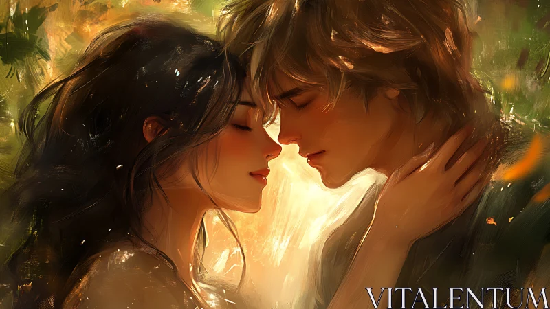 Two Figures Share Intimate Moment Bathed Golden Light