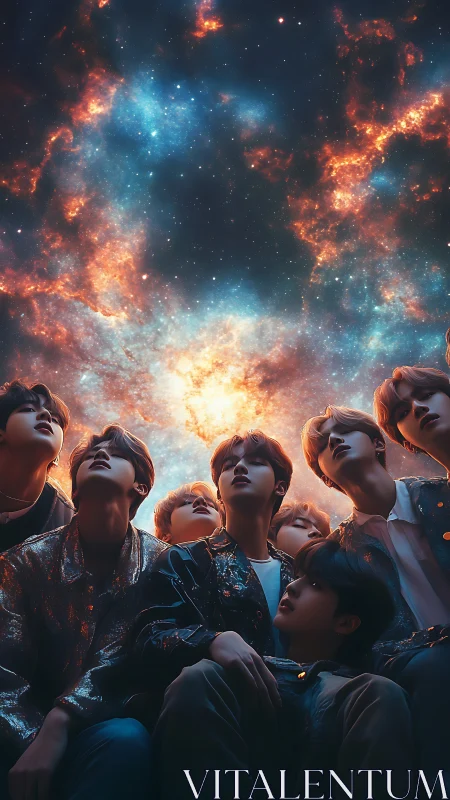 Stargazing friends stand united beneath a blazing cosmic sky