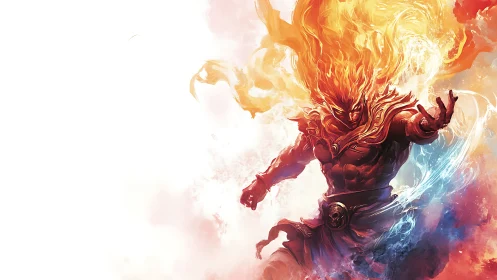 Elemental fire warrior in dynamic colored digital scene.