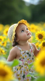 Toddler in Floral Dress with Sunflower Field Background
