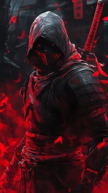 Crimson shadow stalks the alley, wrapped in ghosted steel