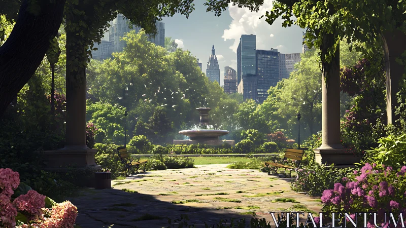 Sunlit city park frames a tranquil fountain amid towers