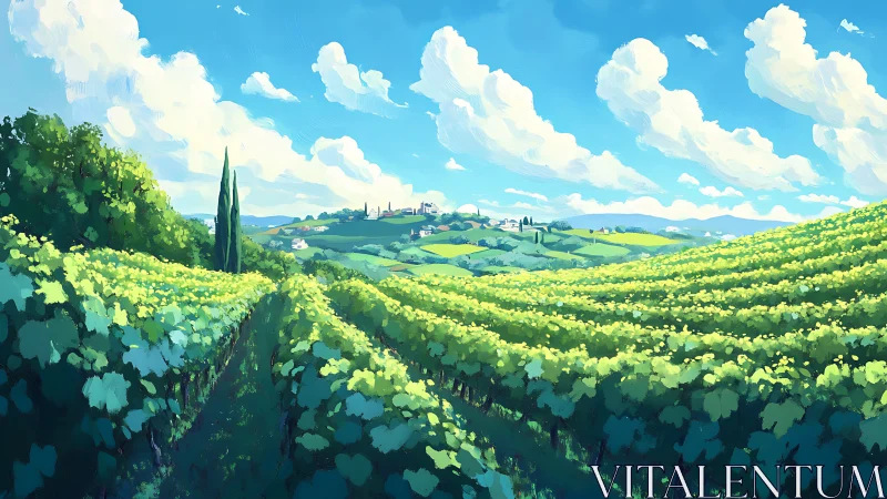 Luminous vineyard perspective under cumuliform cloud architecture.