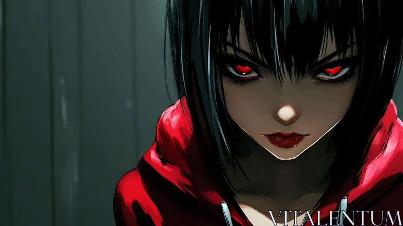 Red-eyed anime figure in red hoodie, frontal close-up.