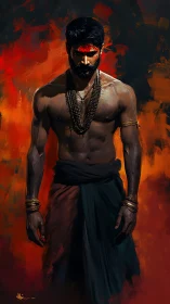 Warrior ascetic emerges against incandescent abstract inferno backdrop