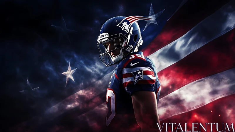 American football player in team uniform with flag backdrop.