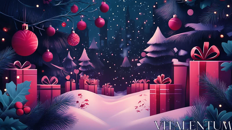 Snowy forest gift corridor rendered in stylized bokeh lighting