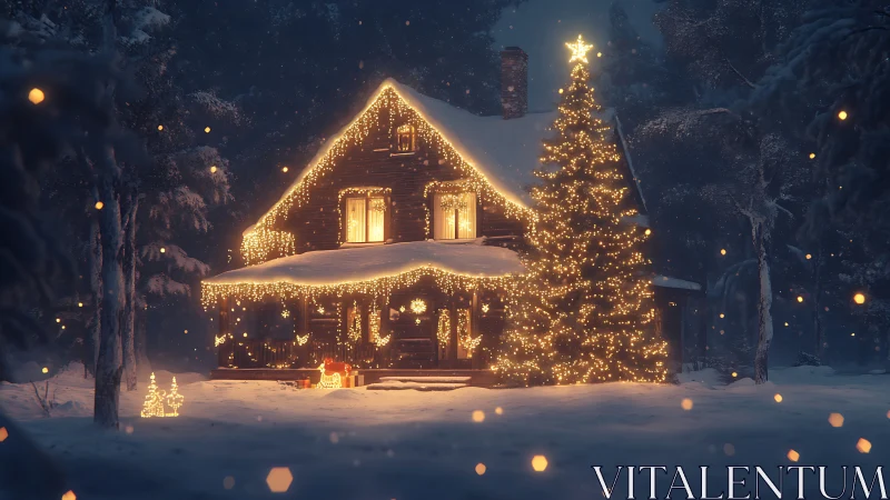 Snowy cabin glows with warm Christmas lights at night