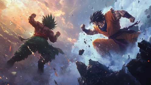 Two anime warriors collide amid exploding sky and stone