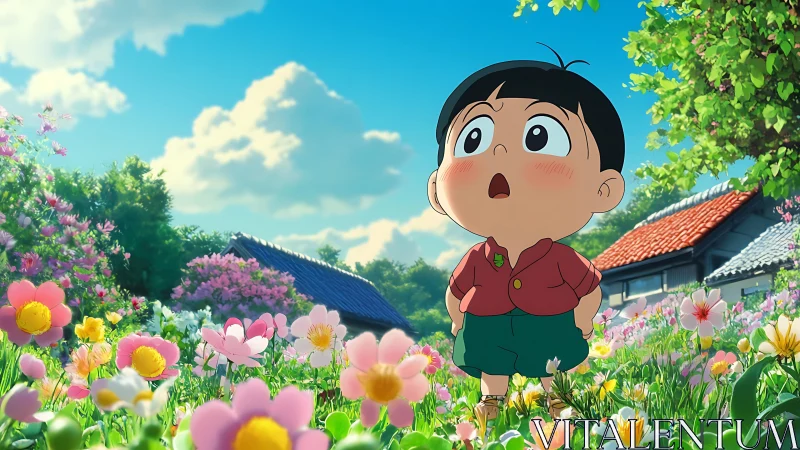 Little explorer wandering through a sunlit village meadow.