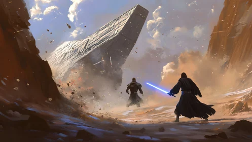 Cliffside duel with cloaked figures and falling starship.