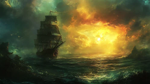 Storm-tossed galleon sails toward a blazing golden horizon.