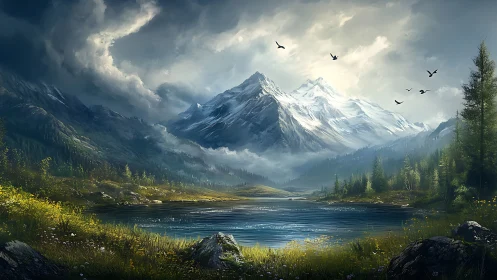 Snowcapped mountains rise over a tranquil alpine lake at dawn