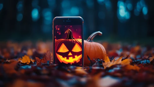 Smartphone displays glowing jack-o-lantern in autumn forest.