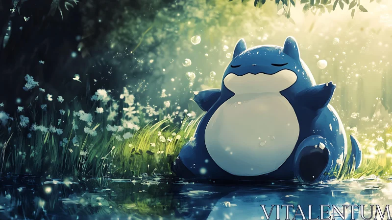 Blue creature resting beside reflective forest water edge.