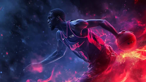 Digital illustration of basketball player in neon flames.
