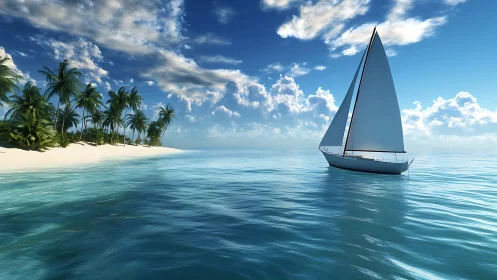 White sailboat glides past tropical palm beach at midday.