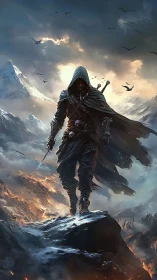 Hooded rogue strides across burning alpine battlefield.