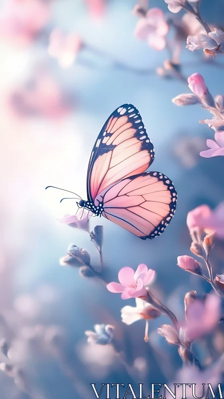 Soft pink butterfly resting in dreamy spring blossoms.