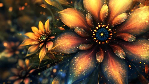 Luminous fractal blossoms in radiant orange and teal bloom.