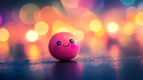 Pink smiling ball on reflective surface under bokeh lights.