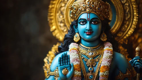 Blue-skinned deity statue is rendered with ornate gold adornments