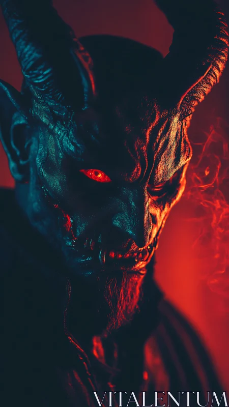 Horned demon portrait under red cyan split lighting.