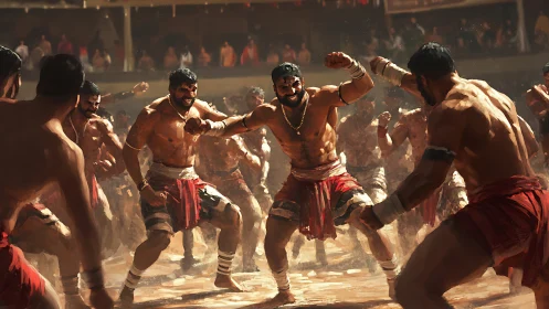 Digital painting of arena fighters in dynamic radial composition.