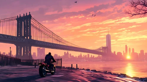 Sunset-soaked rider pauses where steel bridge meets fire sky