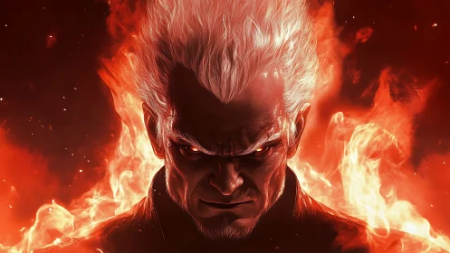 Inferno-eyed antihero crowned in storm-white firestorm wrath.