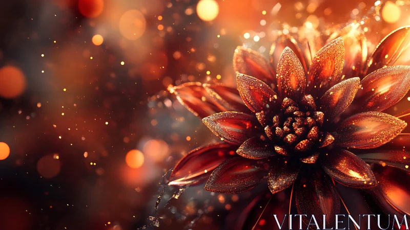 Digital macro render shows metallic flower with bokeh field
