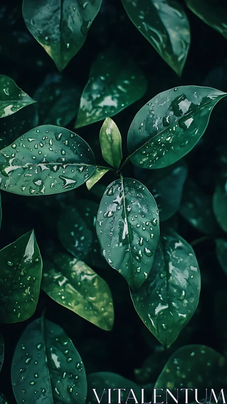 Macro foliage with raindrops on dark green elliptical leaves