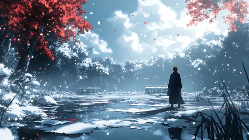 Solitary figure beside winter pond under red autumn trees.