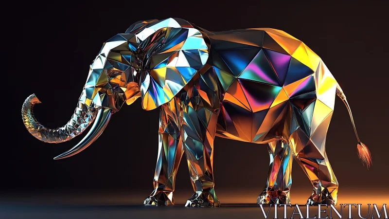 Low poly metallic elephant sculpture with prismatic surfaces.