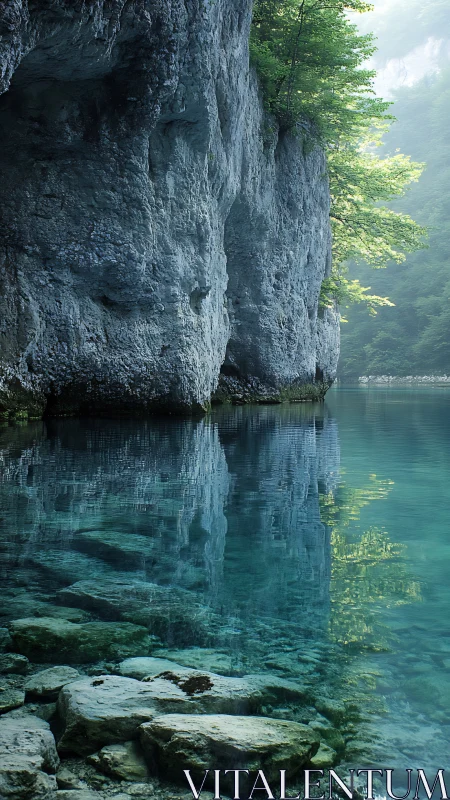 Rock cliff and clear lake surface form vertical natural interface