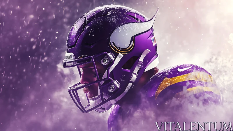 Purple gridiron warrior bowed in stormlit sideline silence.