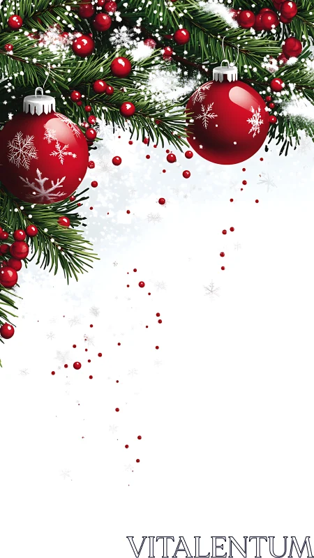 Red baubles on pine branches with snow and white space.