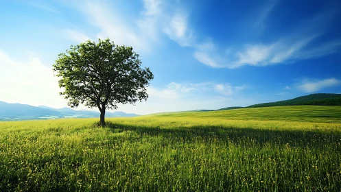 Solitary meadow tree basking beneath an endless summer sky.