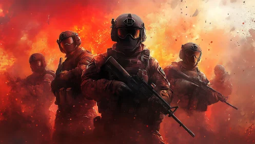 Elite tactical squad advances through blazing battlefield
