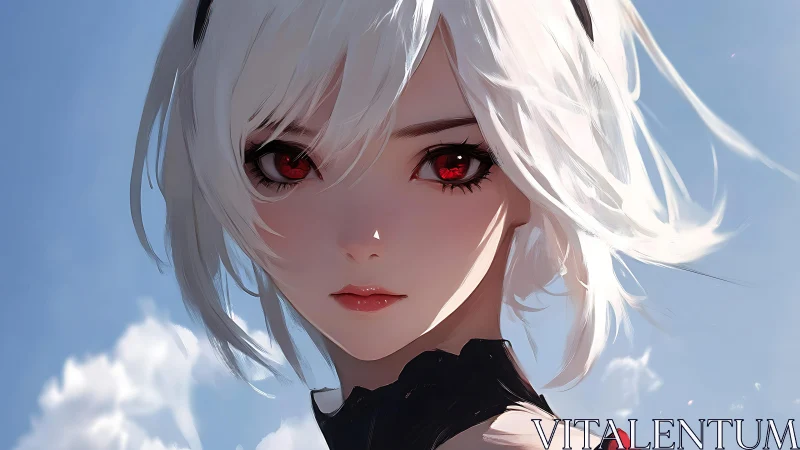 White-haired anime heroine with crimson eyes under sky.